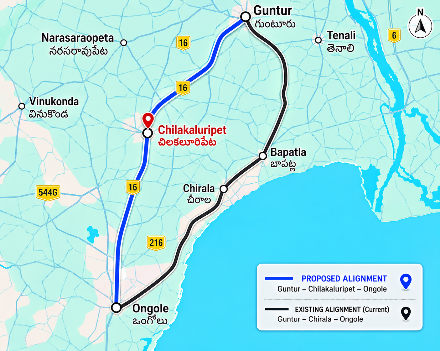 Regional map showing the existing coastal railway and proposed blue alignment via Chilakaluripet